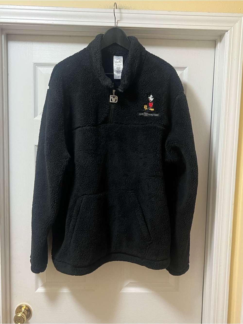 Disney Black Sherpa Pullover with Embroidered Mickey and Red Accent
